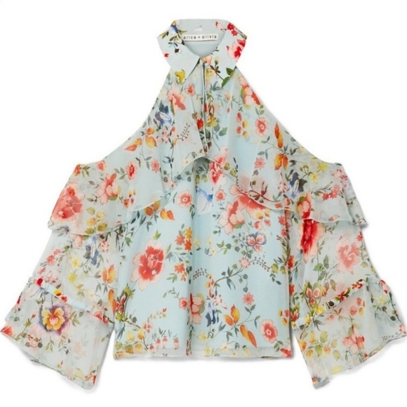ALICE + OLIVIA BAYNE COLD SHOULDER FLORAL PRINT SILK BLOUSE XSMALL - Picture 9 of 11